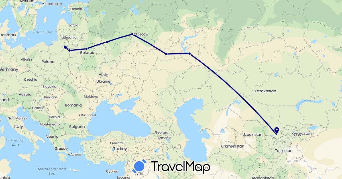 TravelMap itinerary: driving in Belarus, Poland, Russia, Uzbekistan (Asia, Europe)